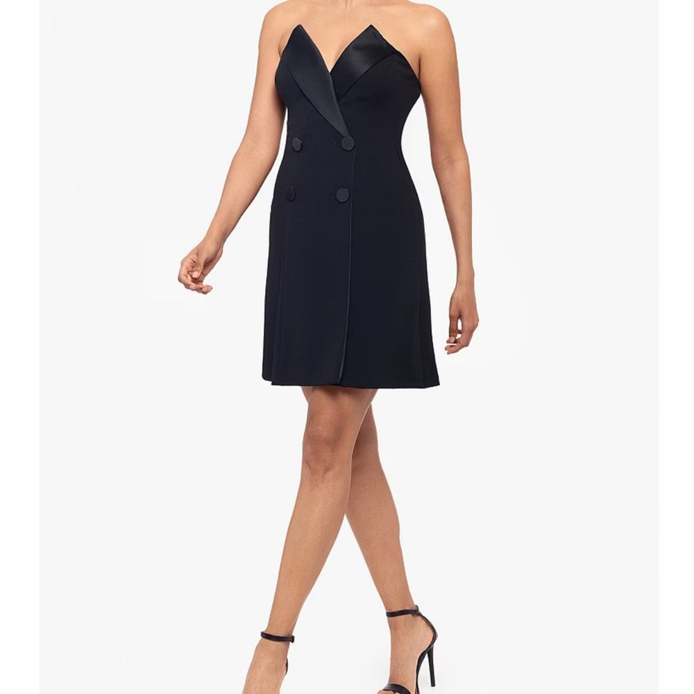 Scuba Crepe Lamour Pointed V-Neck Strapless Tuxedo Mini Dress Black size 12 EUC
